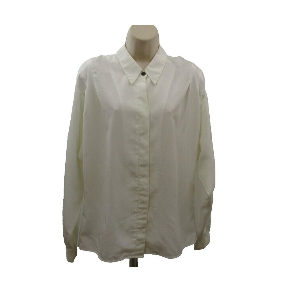 Chaus Blouse Womens 14 White Pleated Shoulder Hidden Front Button Placket Cuff
